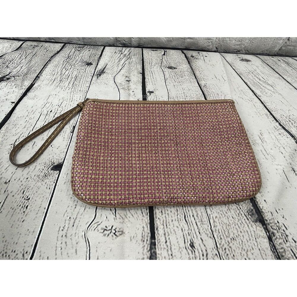 LOFT Wristlet Tan & Pink Basketweave Large Makeup Pouch Clutch
